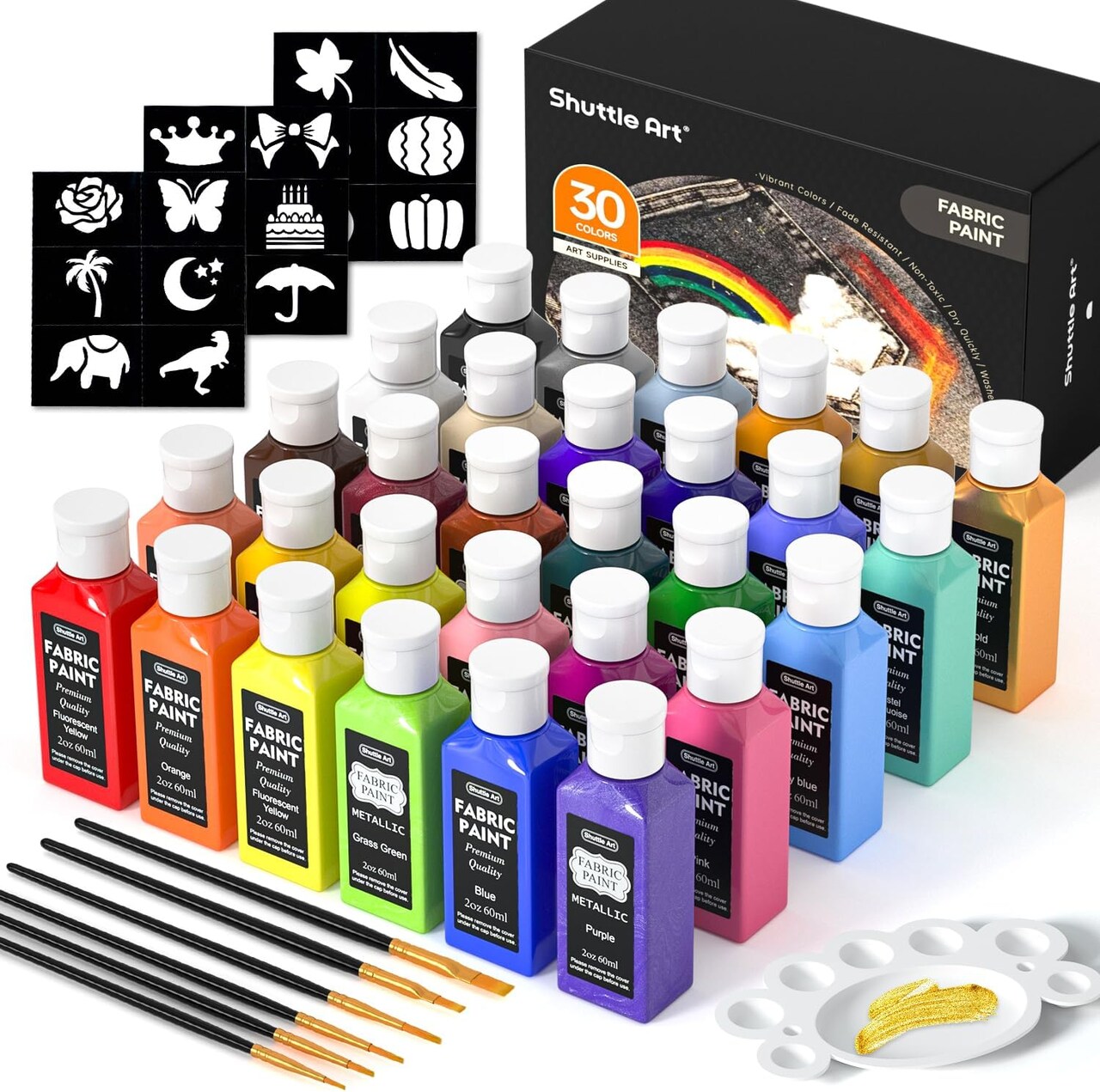 Fabric Paint, Shuttle Art 30 Colors Permanent Soft Fabric Paint in Bottles (60ml/2oz) with Brushes, Palette, Stencils, Non-Toxic Textile Paint for T-shirts, Shoes, Jeans, Bags, DIY Projects&Art Crafts